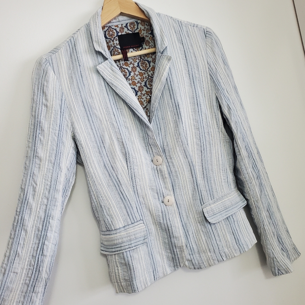 Debbie Shuchat XS Blazer Linen Light Blue Stripe Fitted Blazer Coat Flowers Boho